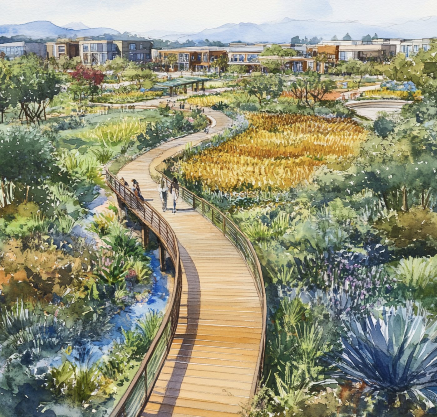 A timber boardwalk crossing a planted wetland toward a district edge.