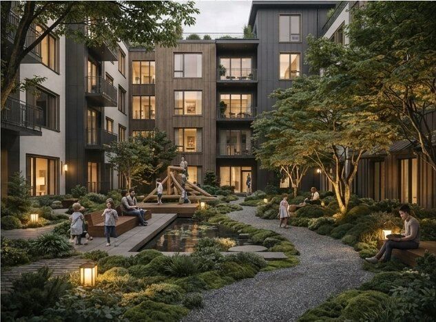 A courtyard between mid-rise homes with a winding path, trees and benches.