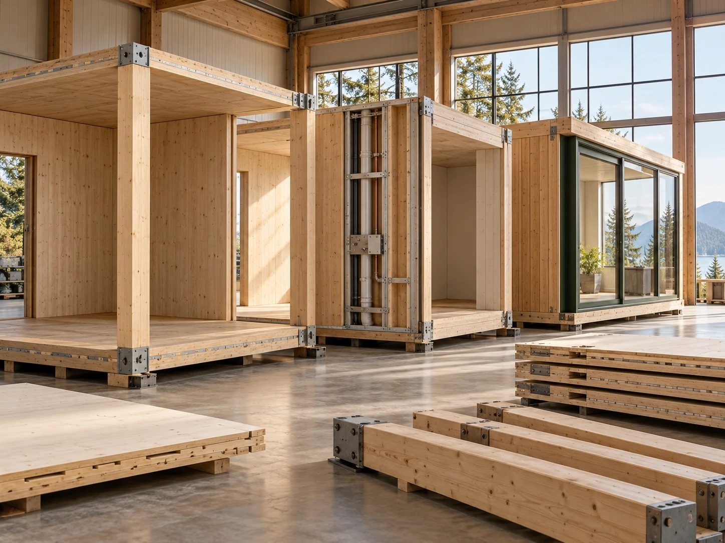 Timber room modules with steel connectors and built-in plumbing, standing in a factory hall.