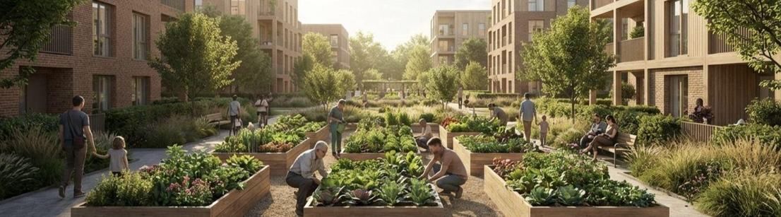 Raised garden beds between mid-rise homes, with neighbors tending them.