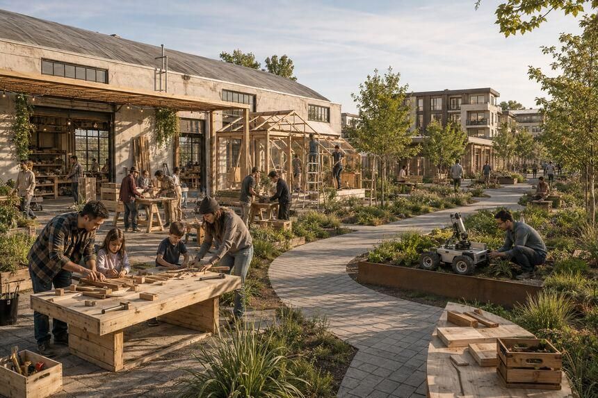 People building timber furniture in an outdoor yard beside a converted hall.