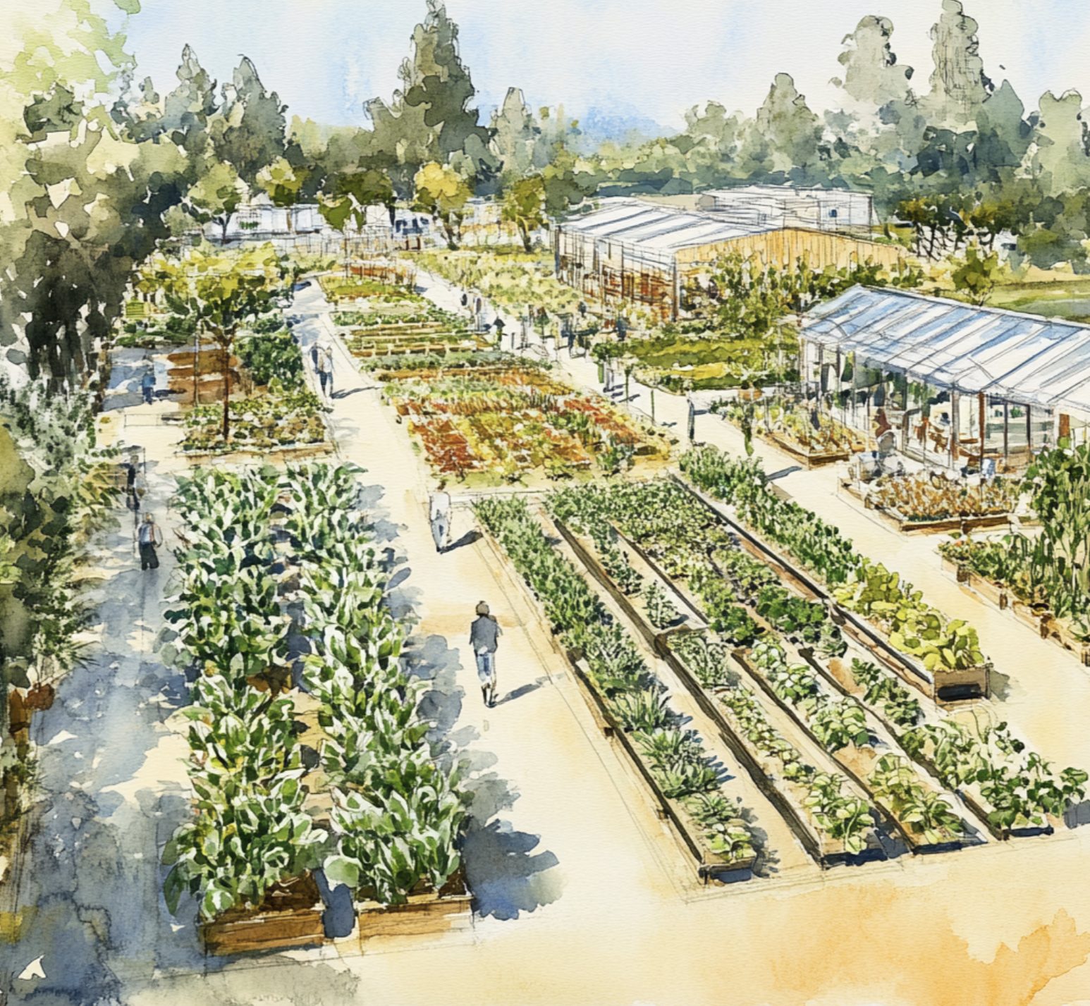 Rows of vegetable beds beside greenhouses and a planted path.