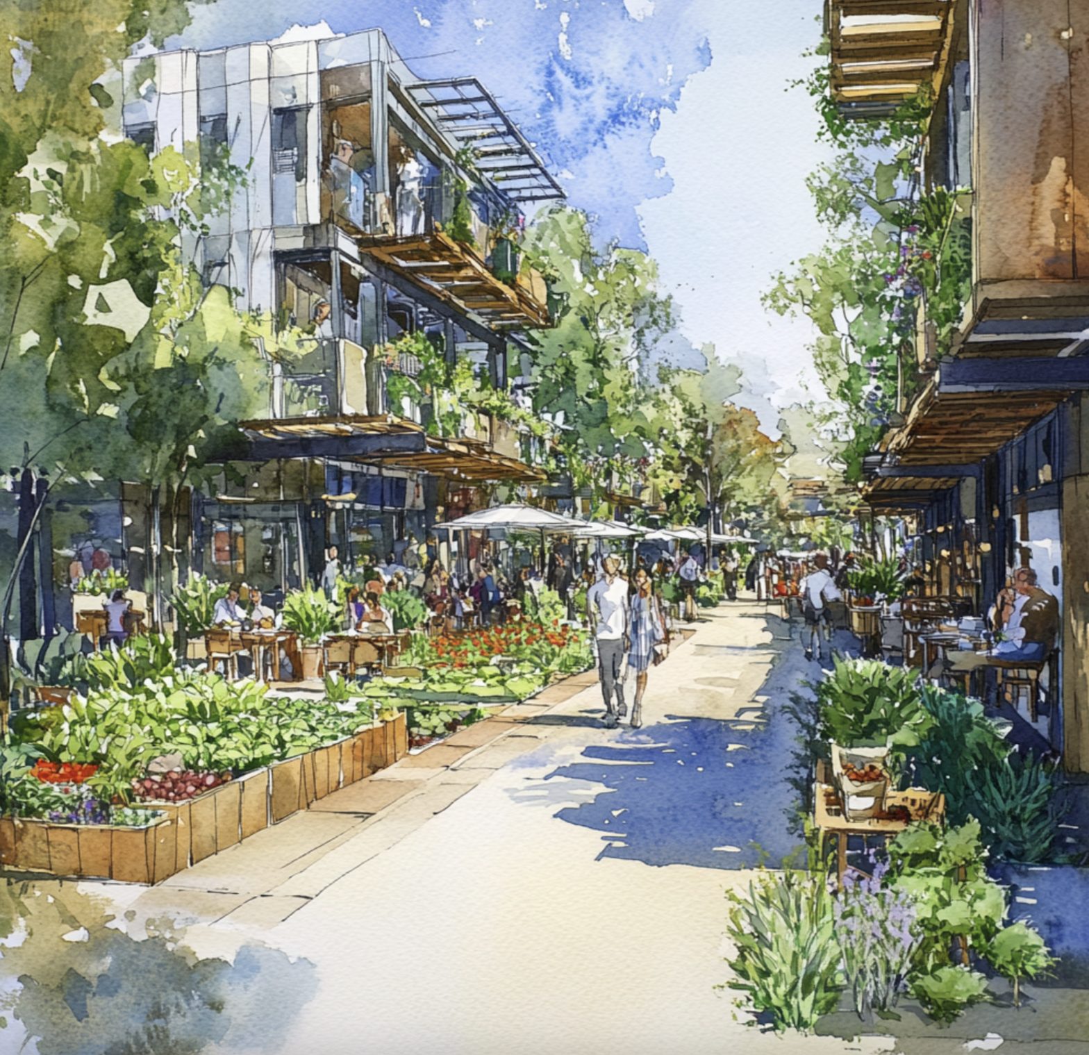 A garden lane between planted mid-rise buildings with people walking.