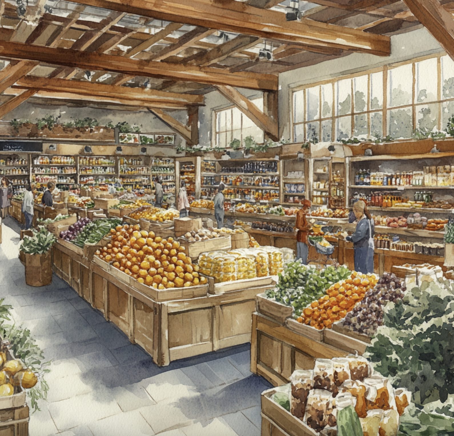 A timber market hall with produce stands and people shopping.