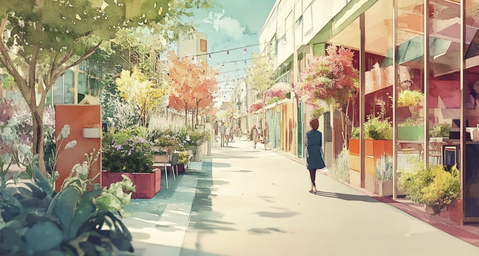 A shopping street with planters, awnings and people walking.