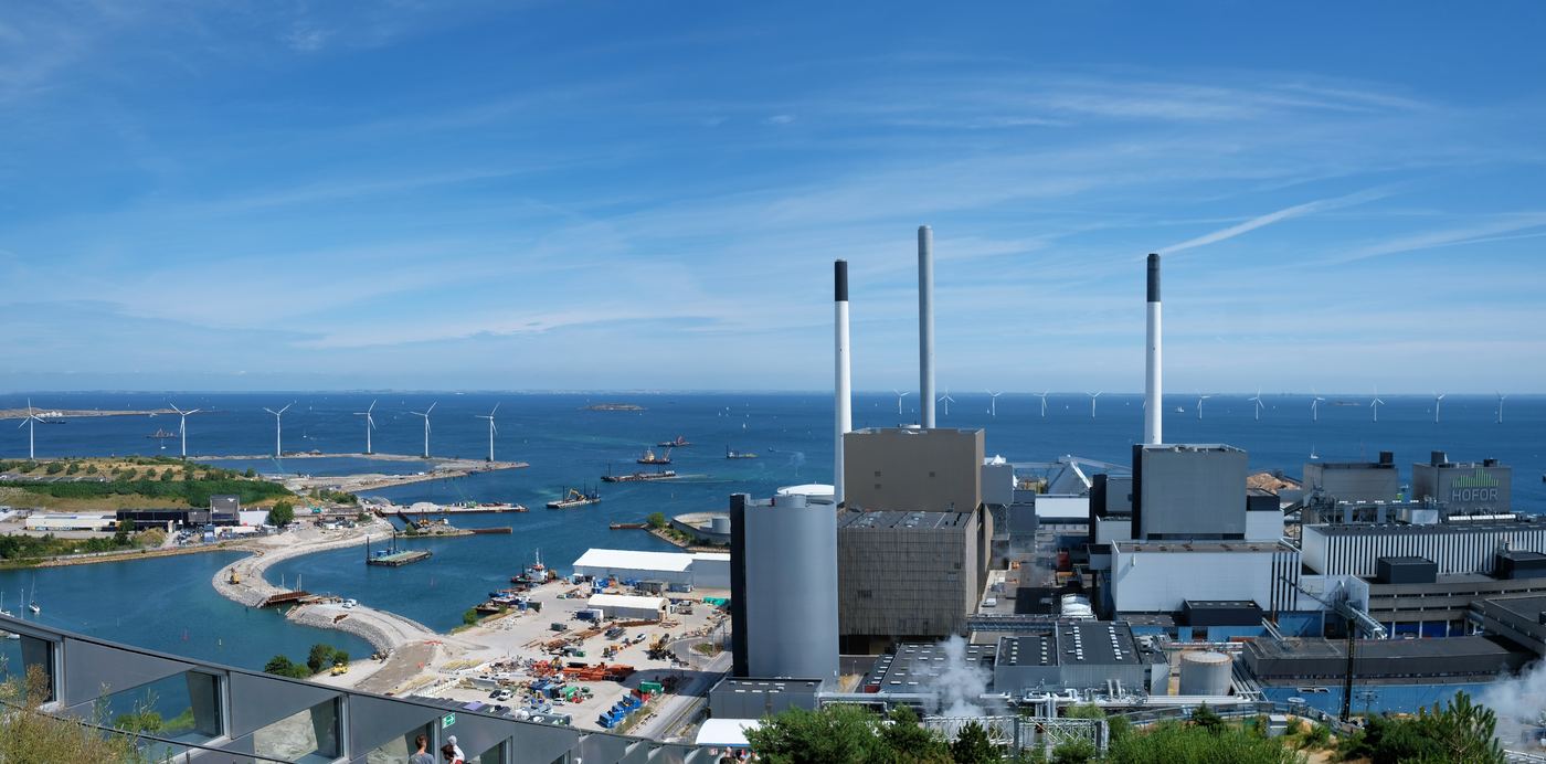 Amagerværket's stacks with wind turbines in the distance, Copenhagen, 2022