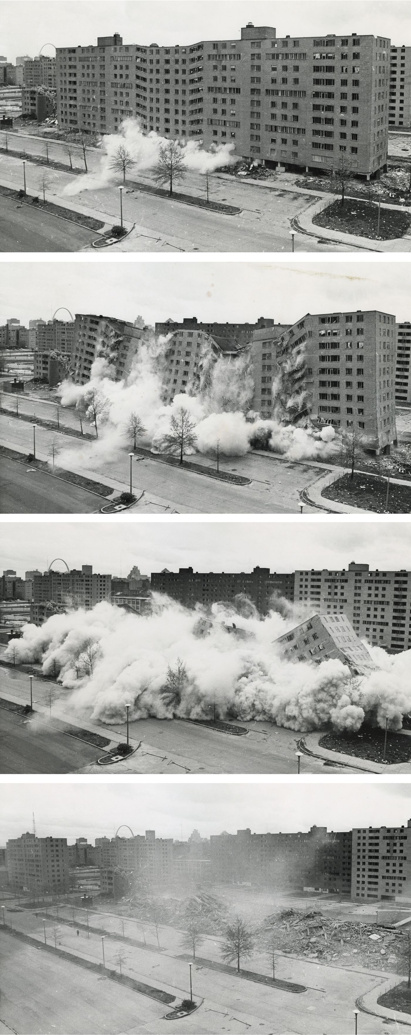 Three-frame sequence of an eleven-story Pruitt-Igoe building collapsing in a planned demolition, April 1972