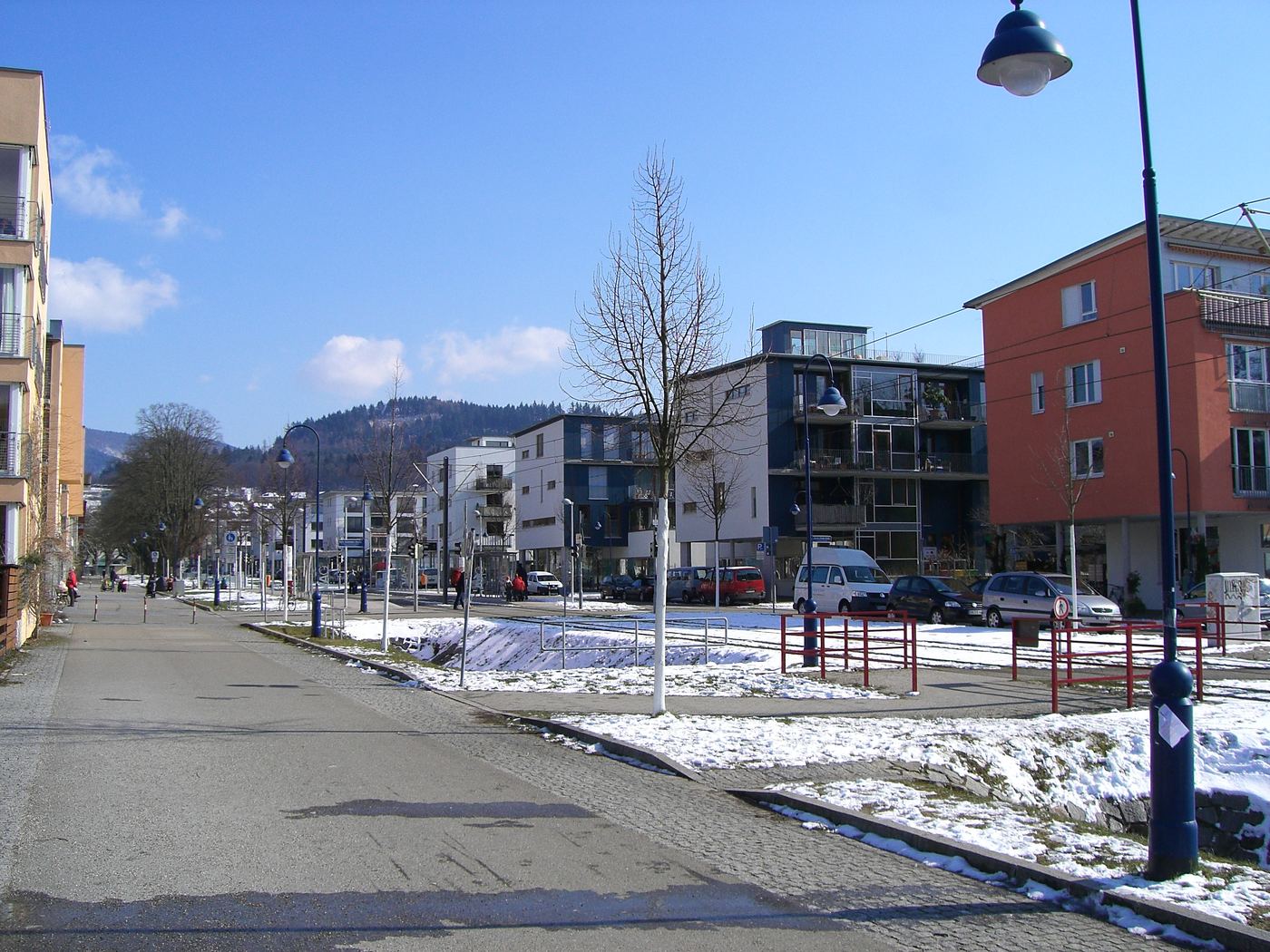 A street in Vauban: a footpath, a grassy rain ditch, tram tracks in the grass and a narrow road, with apartment buildings behind