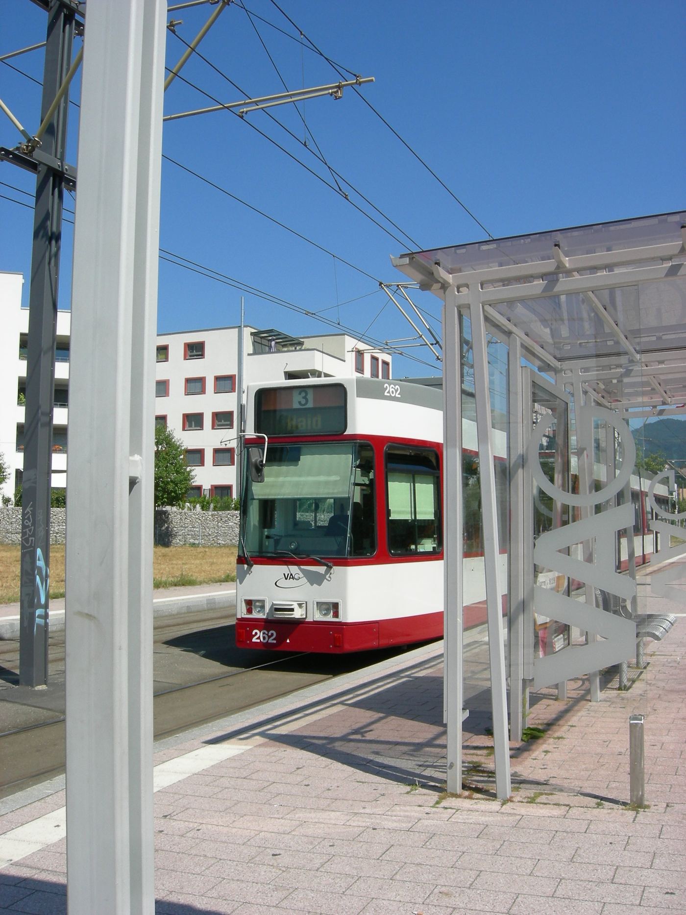 A Freiburg tram running on a grass track along the Vaubanallee