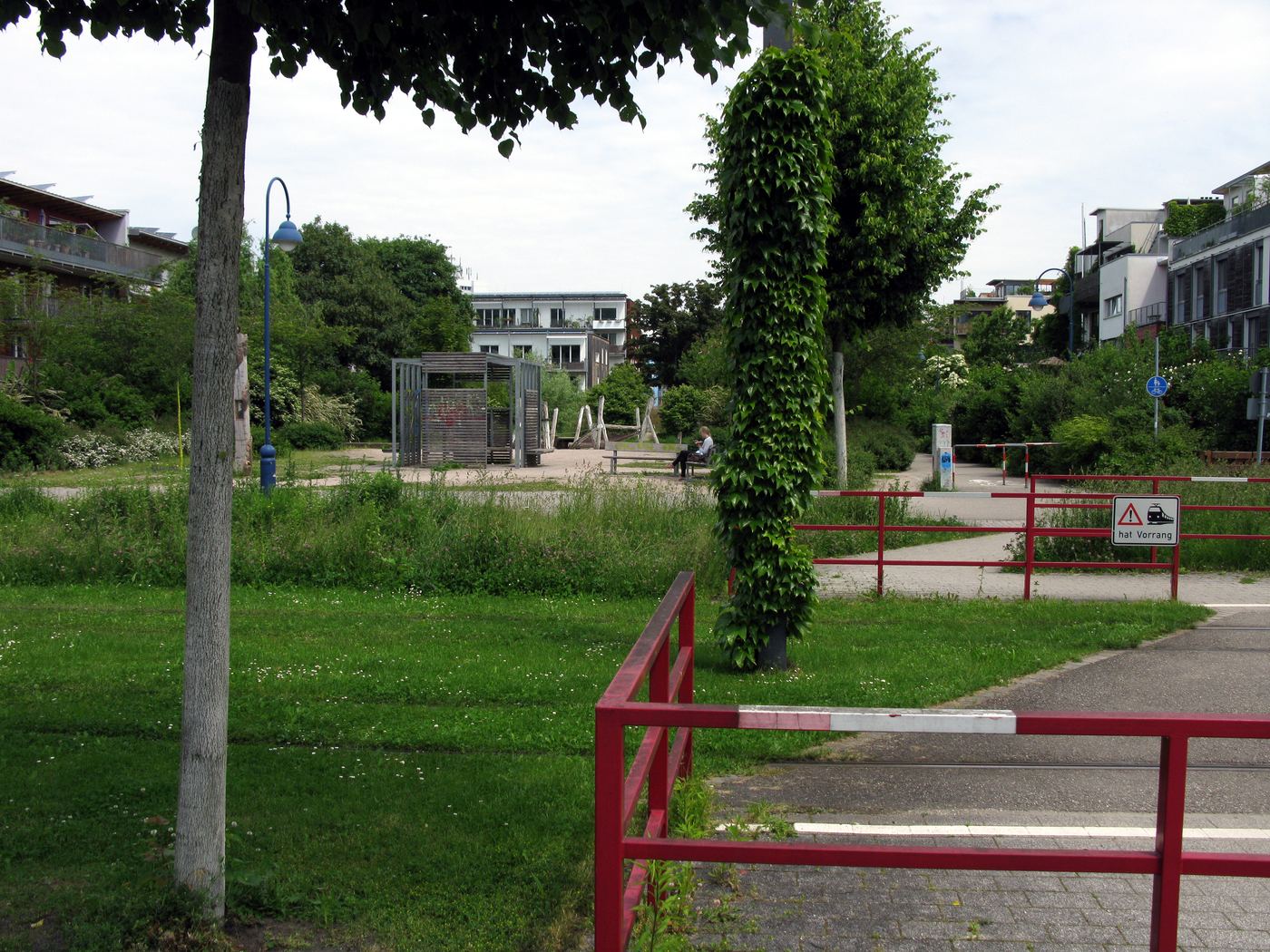 One of Vauban's green corridors, a planted strip with paths and play space between rows of homes