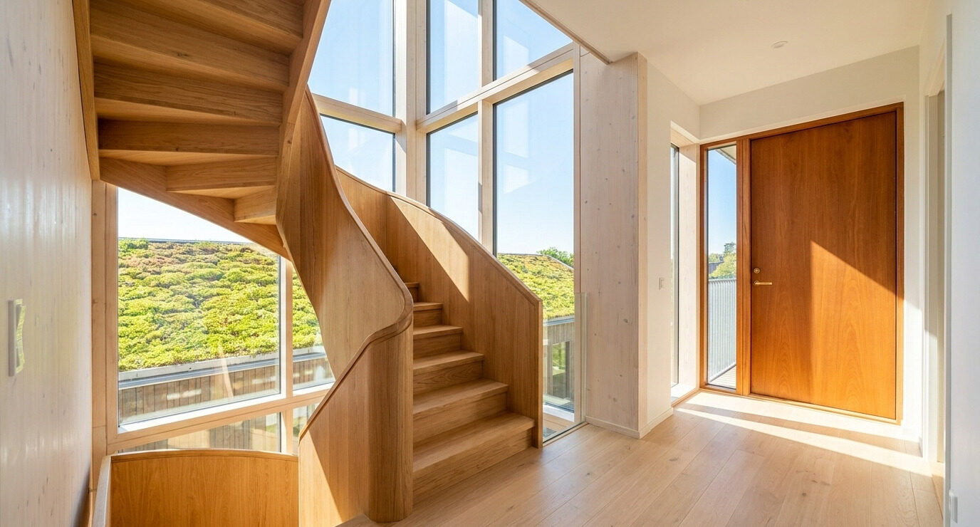Daylit single-stair core with landscape view