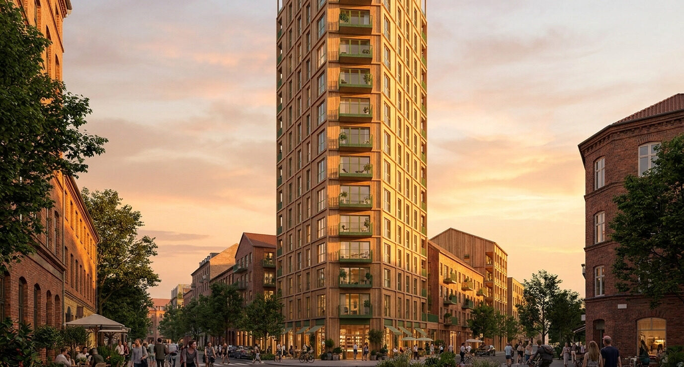 Contextual urban tower at dusk among low-rise neighbors