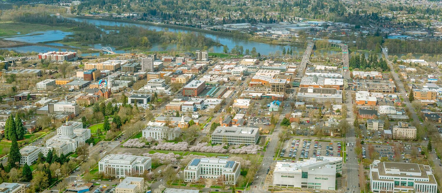 Aerial of Salem on the Willamette River in the agricultural valley
