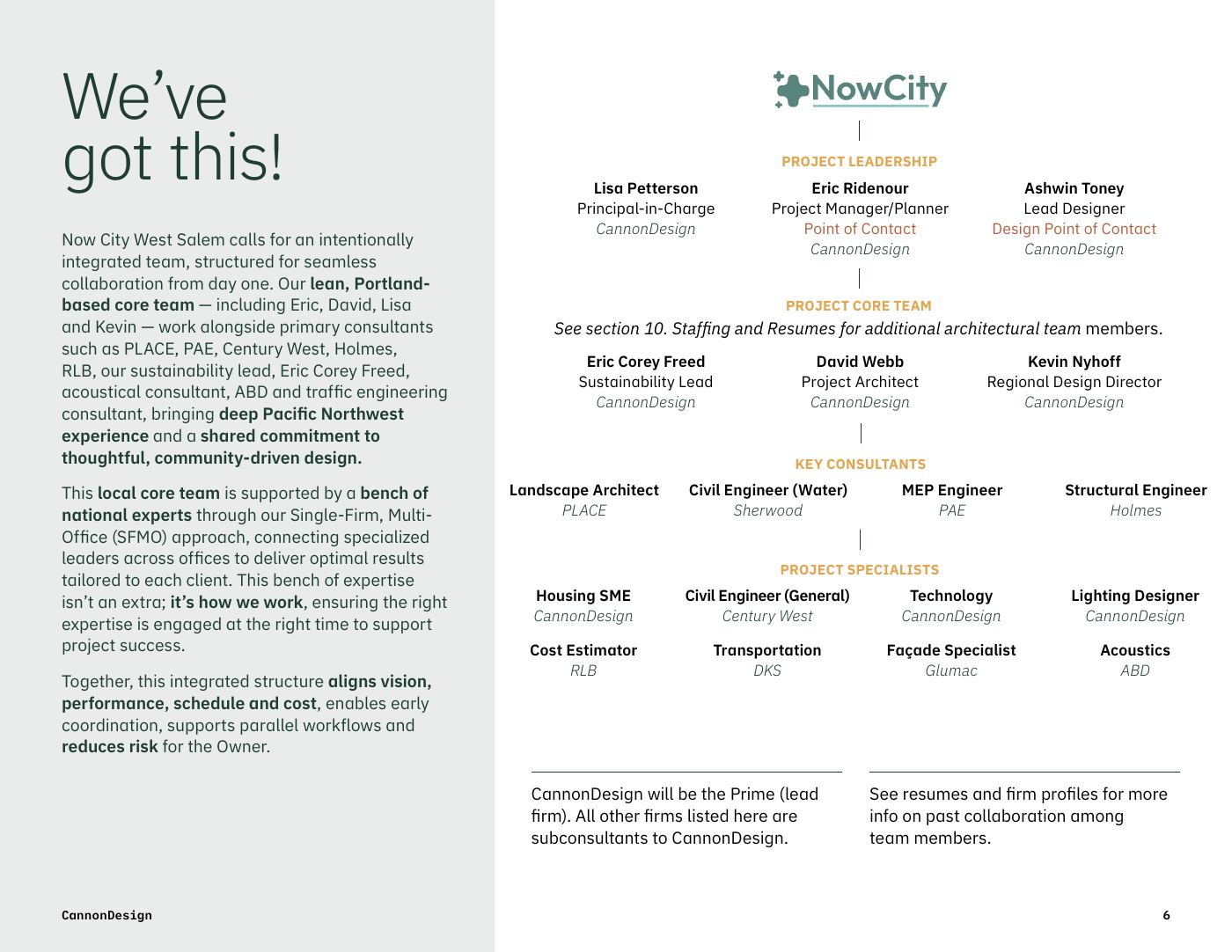 Team introduction and organization: the Portland core team and consultant bench.