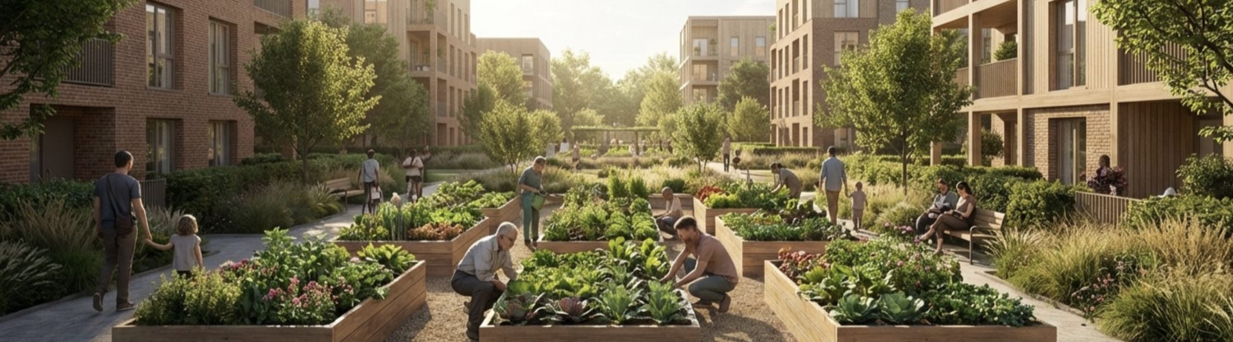 Community garden beds with families