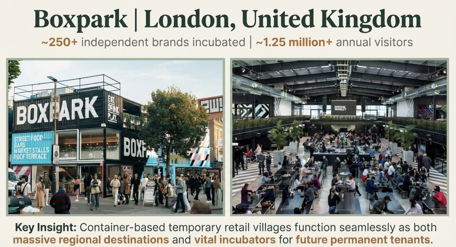 Boxpark container retail village in Shoreditch, London: storefronts and food hall interior