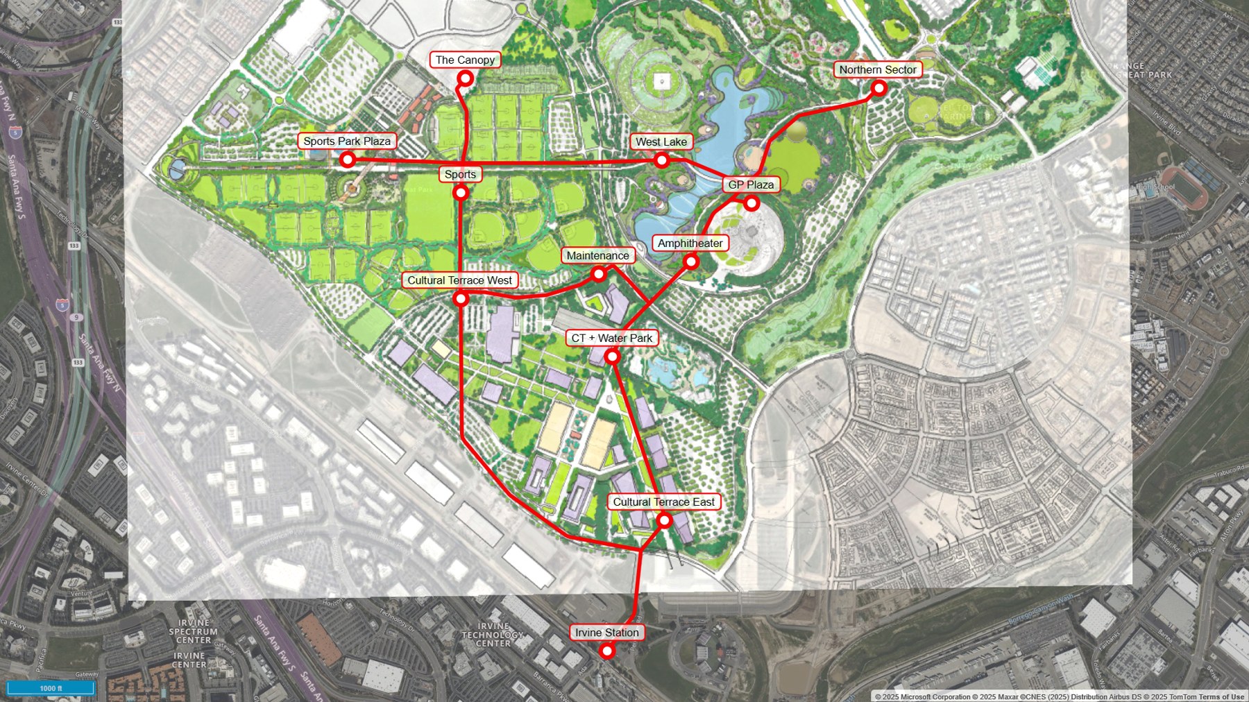 Map of the Whoosh system at Irvine Great Park, 12 stations across 4.2 route miles