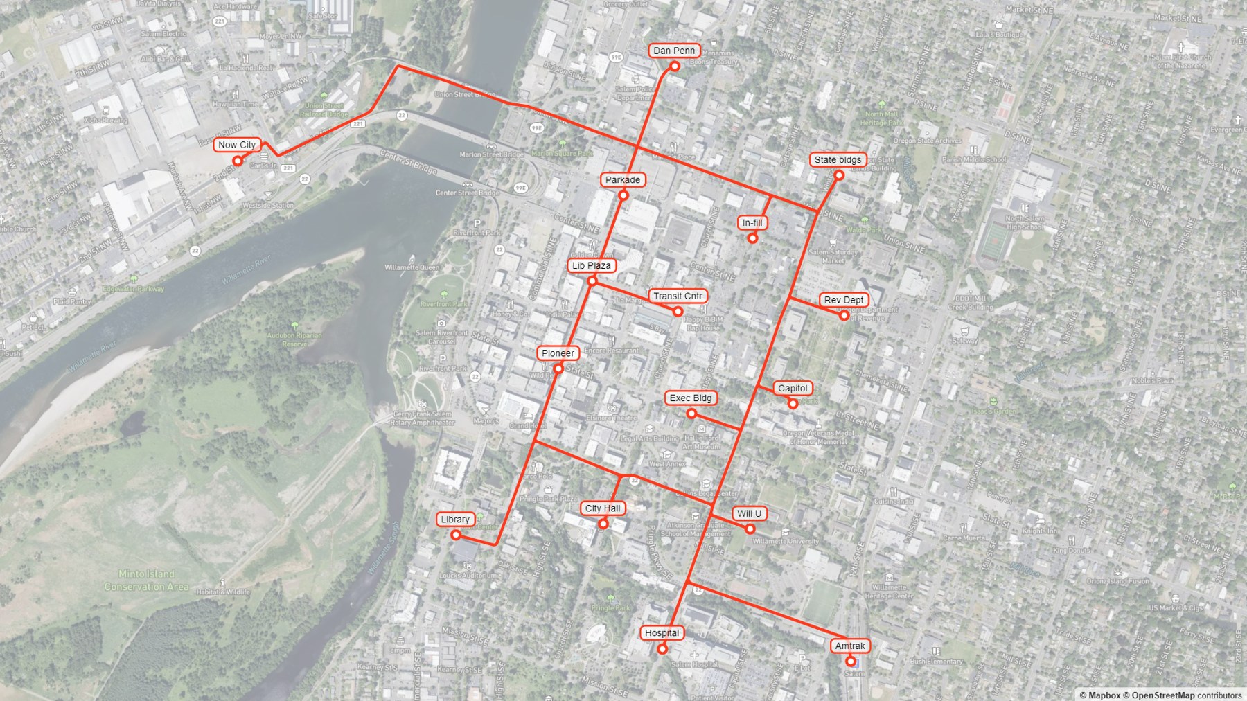 Podaris sketch of a 16-station Whoosh network across Salem, with a Now City station on the west bank linking over the Willamette to downtown and the Capitol